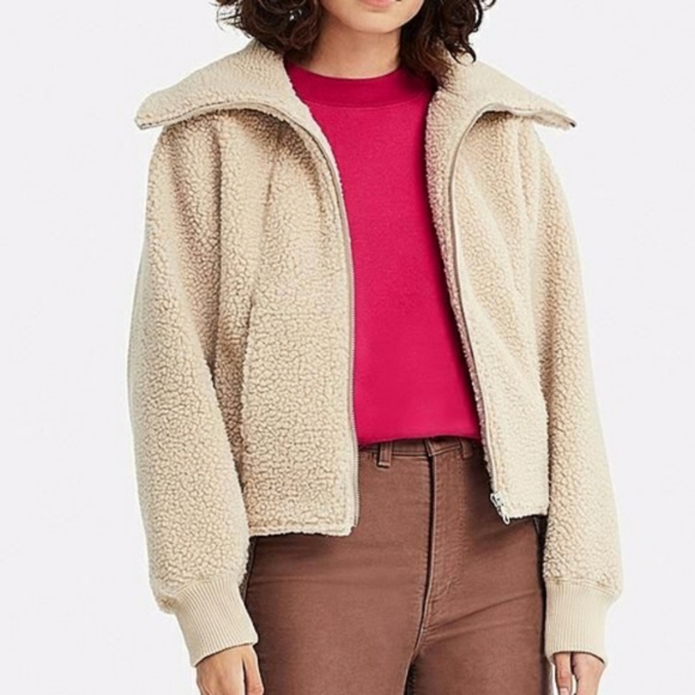 NWOT Uniqlo Cream Sherpa Fleece Pile Lined Cropped Teddy Bomber Jacket XS